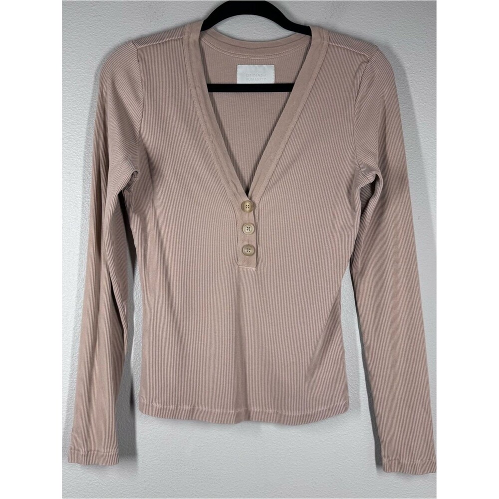Citizens of Humanity Scarlett Ribbed Henley Long Sleeve Top Beige Size Large